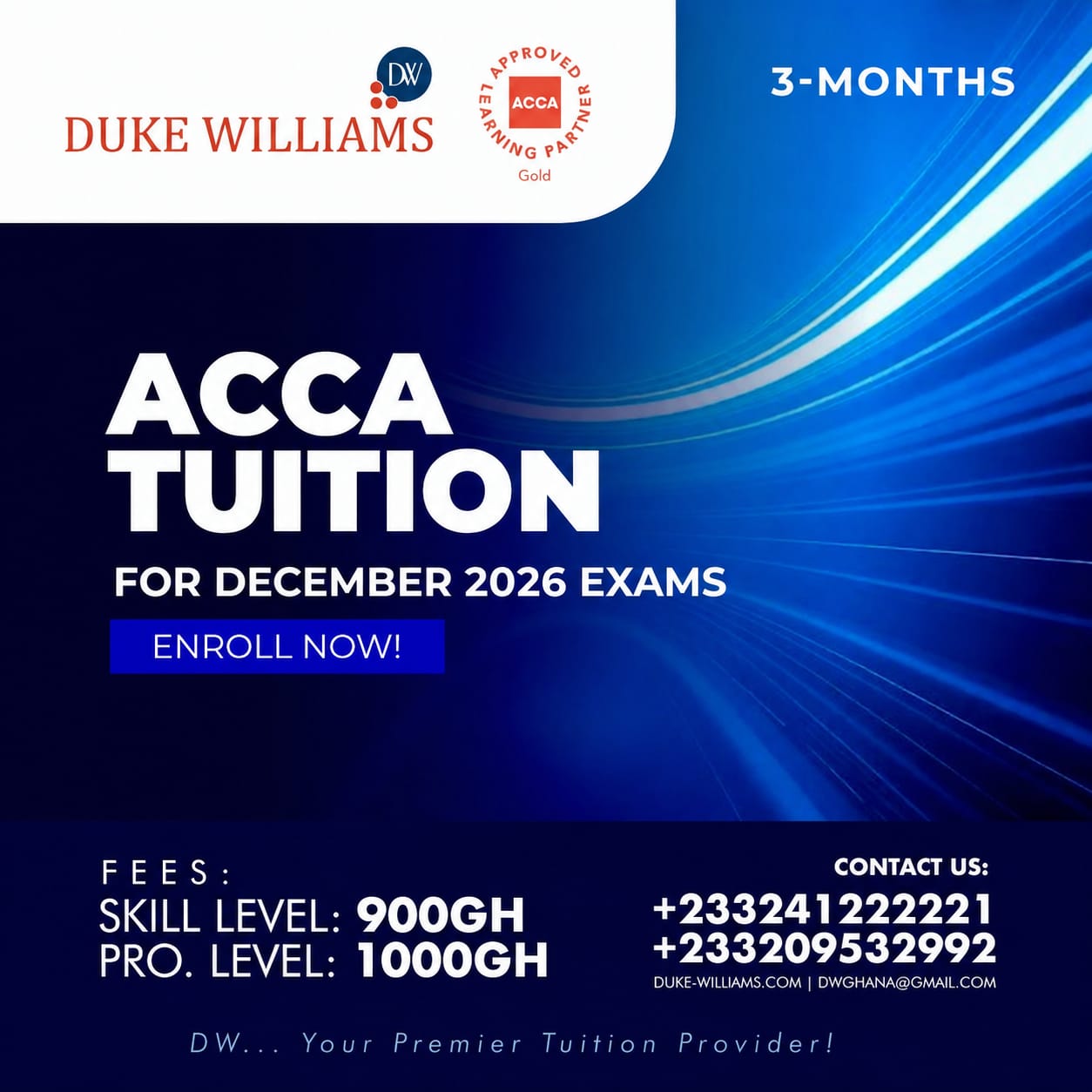ACCA 3-month tuition for December 2026 exams flyer