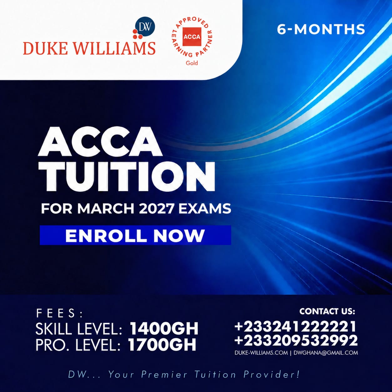 ACCA 6-month tuition for March 2027 exams flyer